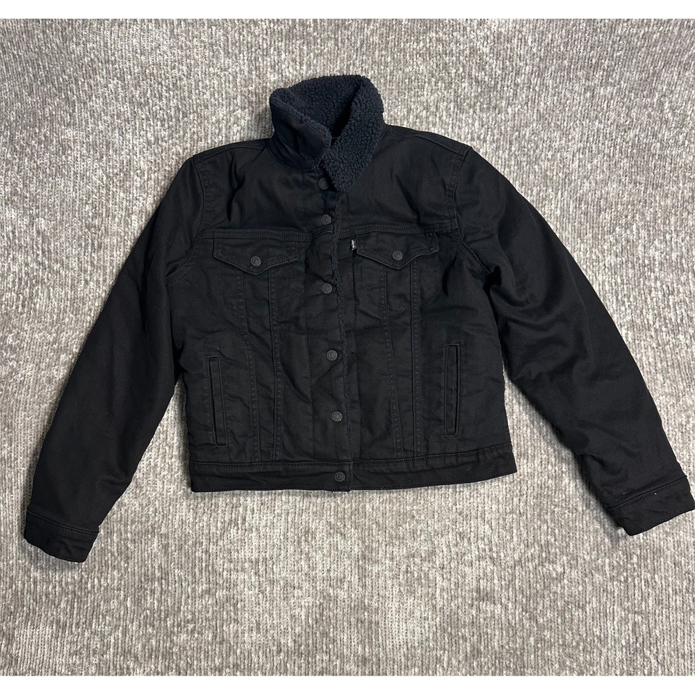 Levis Black Sherpa Denim Long Sleeve Stretch Button Front Trucker Jacket S